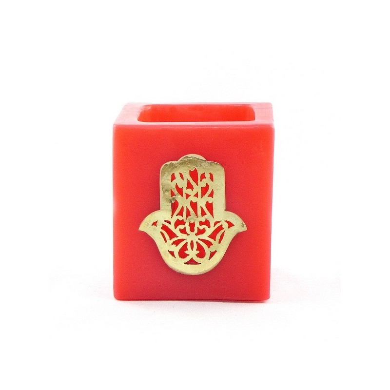 Photophore cube rouge main fatima en dorée