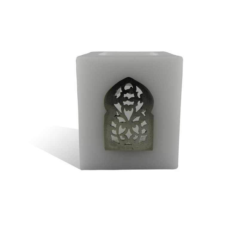 Photophore blanc cube motif porte arcade métal